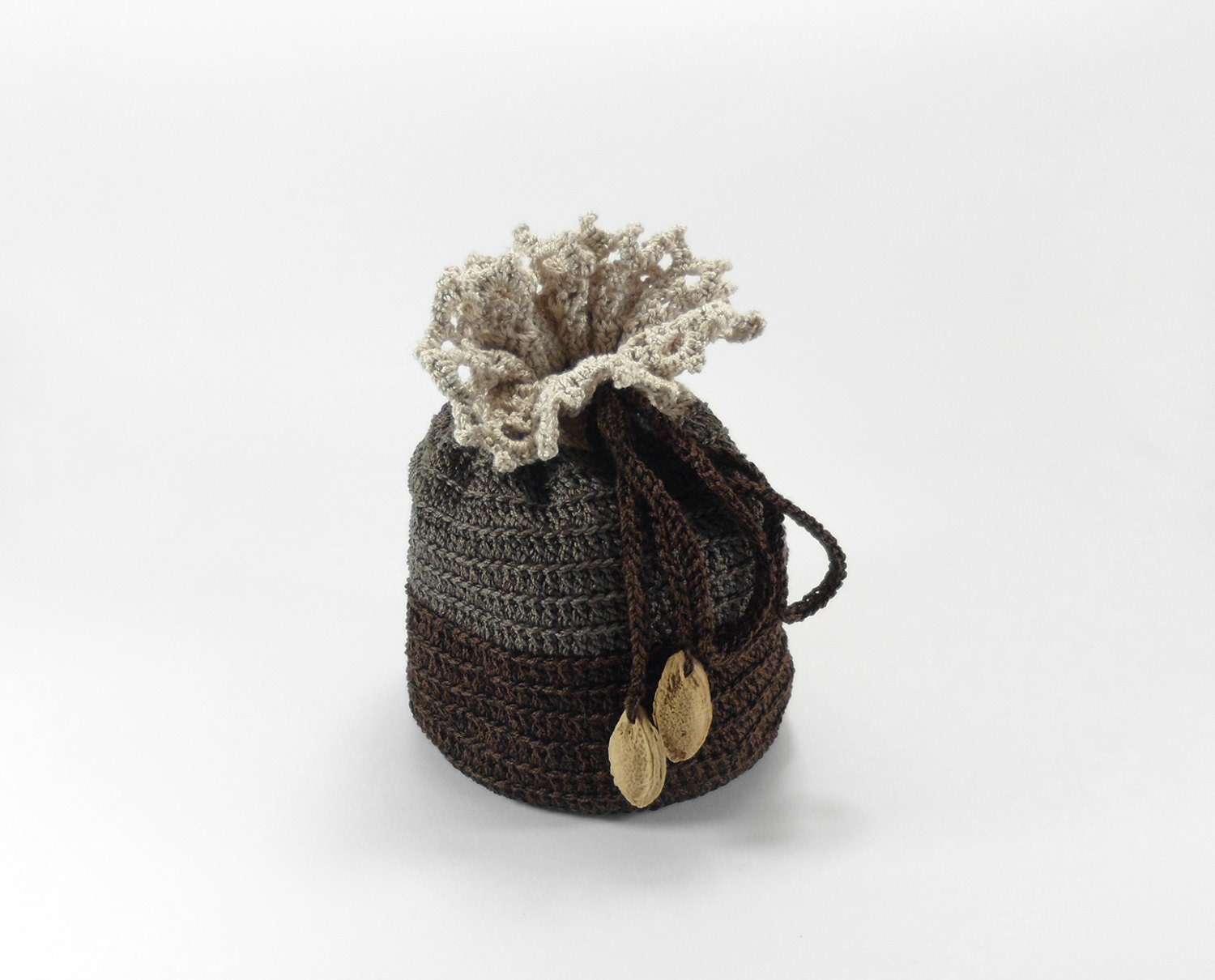 Jewelry Bag with Drawstring, Crochet Pouch,  Brown Gray Gift Bag - Smalkumi