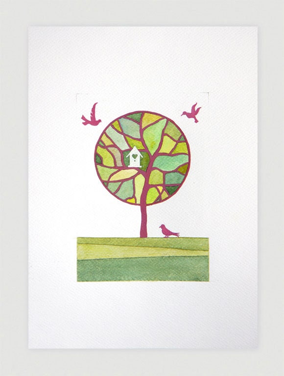 Tree original watercolor painting, pink green tree with birds and birdhouse, A4 by VApinx - VApinx