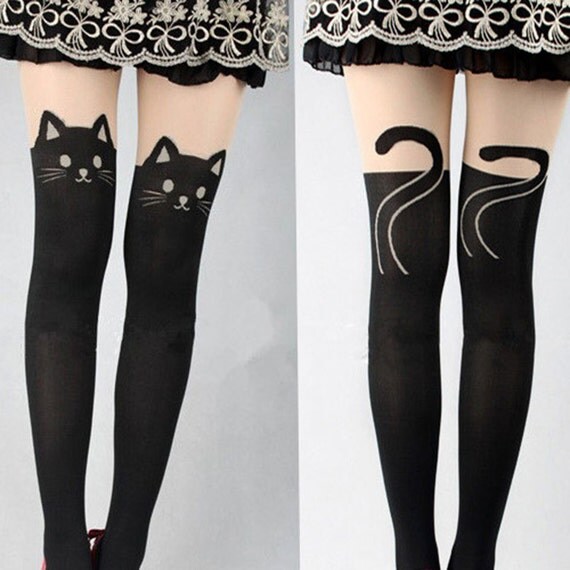 Kawaii Black Cat Mock Knee High tights