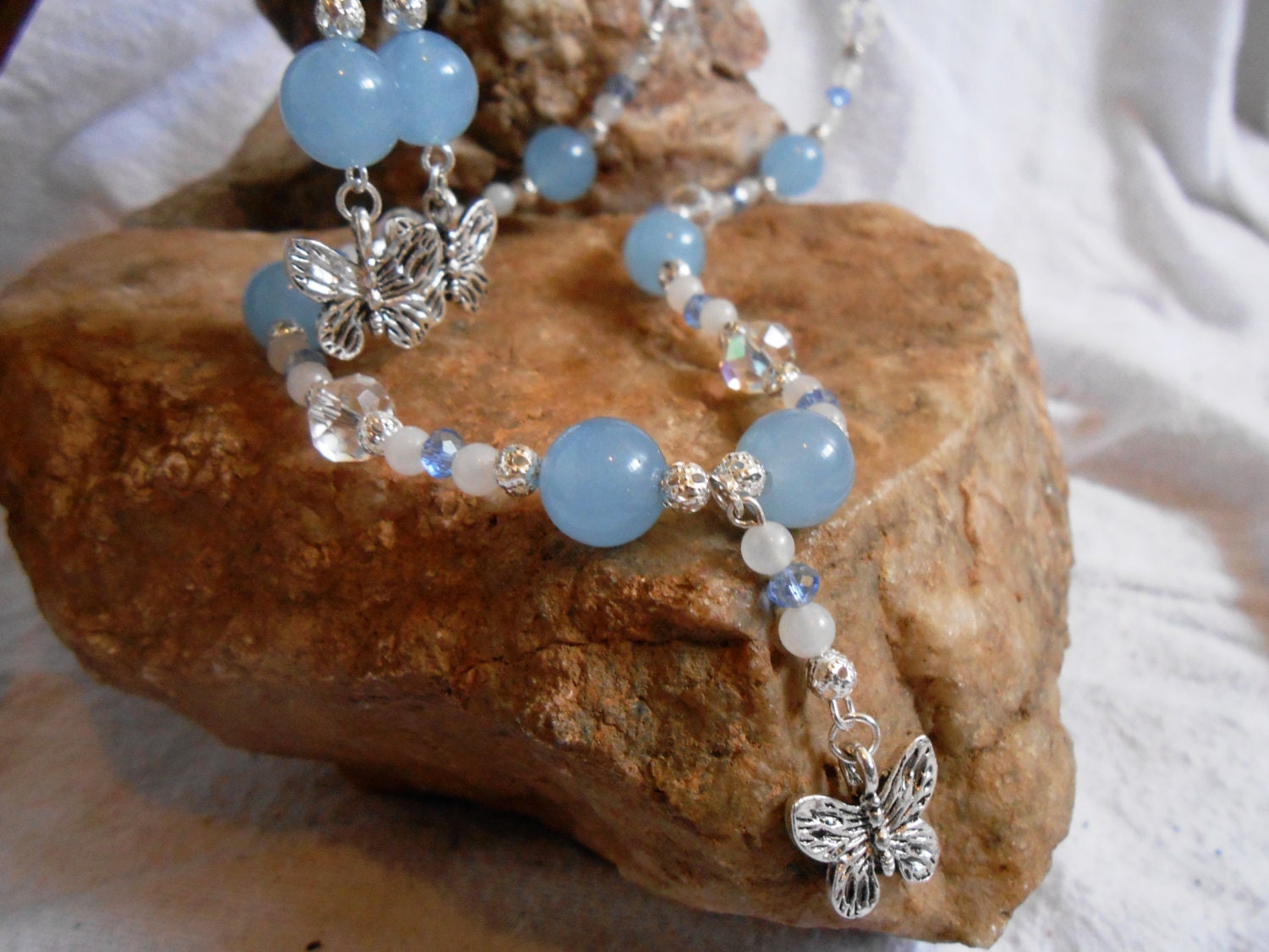 Beautiful Aquamarine, White Jade, Silver Butterfly and Swarovski Crystal Jewlery Set, Necklace and Earrings, Handmade, OOAK - FaerieTeaAndTreasure