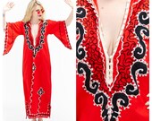 Vtg 70s EMBROIDERED Deep V plunging ethnic dashiki Red Maxi Dress Caftan Festival hippie boho gypsy india tribal Angel Poet Sleeve Goddess - SparkPrettyVINTAGE