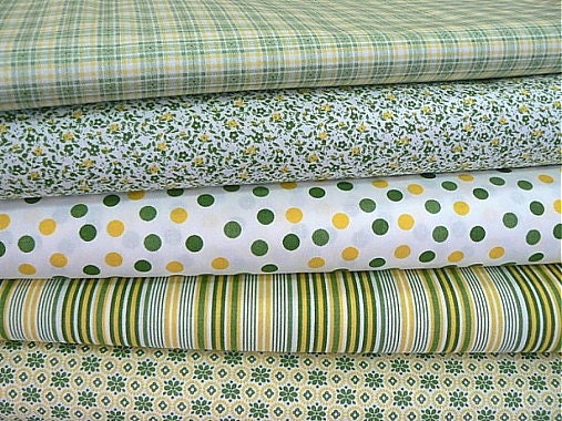 Green and yellow check dots flowers stripes set 50x140 cm / cca 19 x 55in quilting cotton fabrics convo for a bias tape - MargoCreative