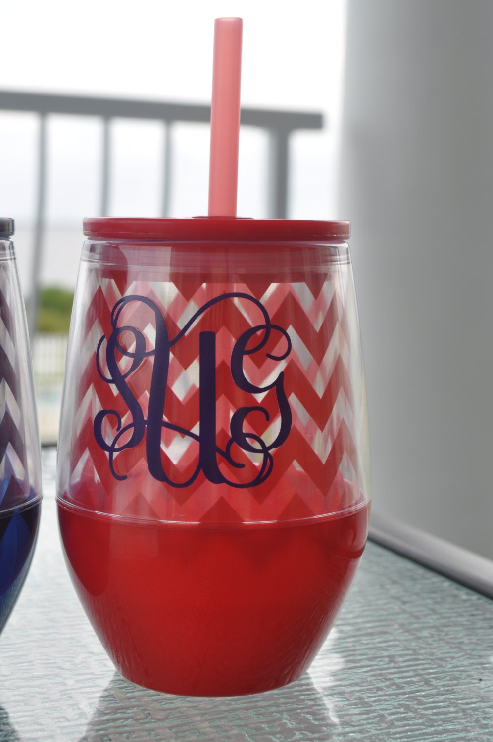 Red Chevron Personalized Monogrammed Acrylic Stemless Wine Glass - HuffShuffLane