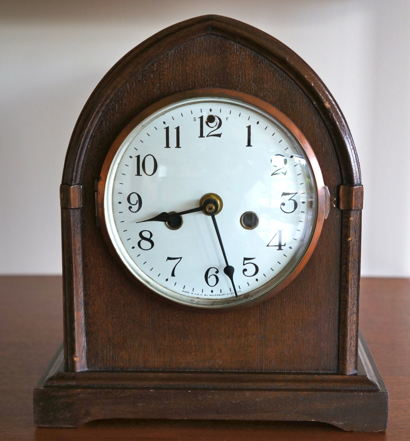 Antique Waterbury Wooden Mantel Clock with Enamel by teakandteal
