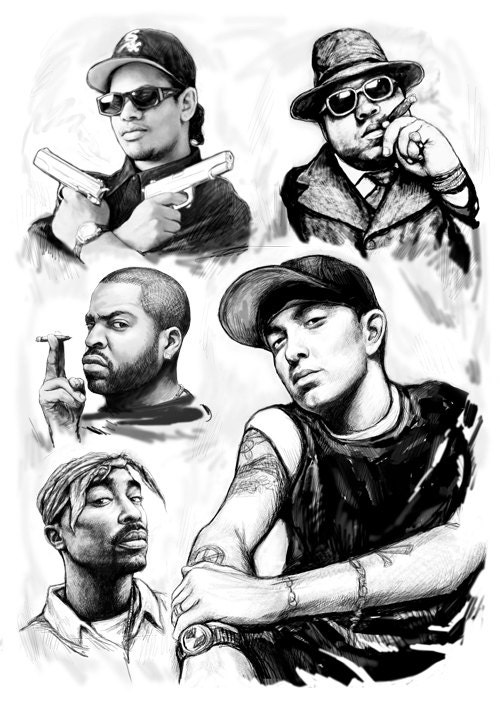 , eazy-e, biggie smalls , ice cube rap star group blackwhite drawing ...
