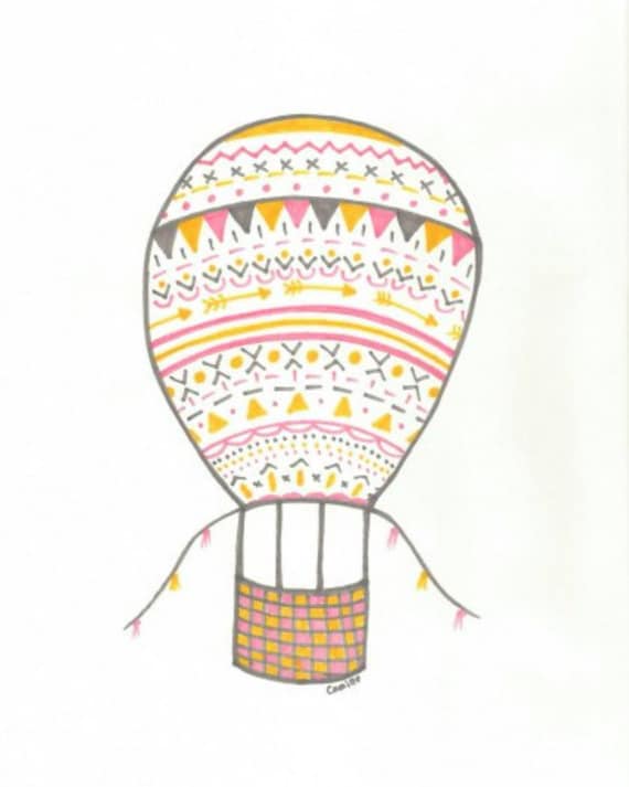 Hot Air Balloon- Tribal- Hand drawn art- pink, yellow, gray