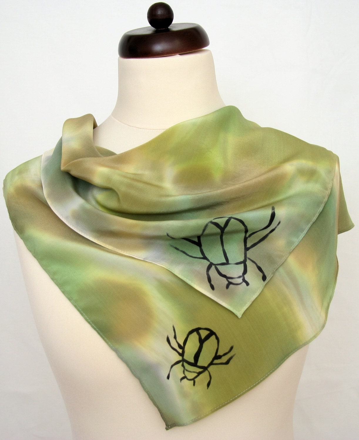 Silk scarf hand painted in camouflage colors, with beetles. - DorSilk