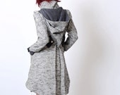 Grey Womens coat - Assymetrical coat with Goblin Hood and tall collar - vintage woven fabric and wool - Malam Grey Womens coat - Assymetrical coat with Goblin Hood and tall collar - vintage woven fabric and wool - Malam