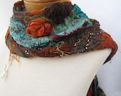 Nuno felted scarf in teal, orange and brown - BlindSquirrel