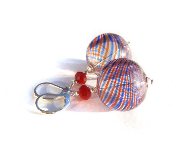 Venetian Murano Blown Glass Earrings, Hollow Red and Navy Earrings - IskraCreations