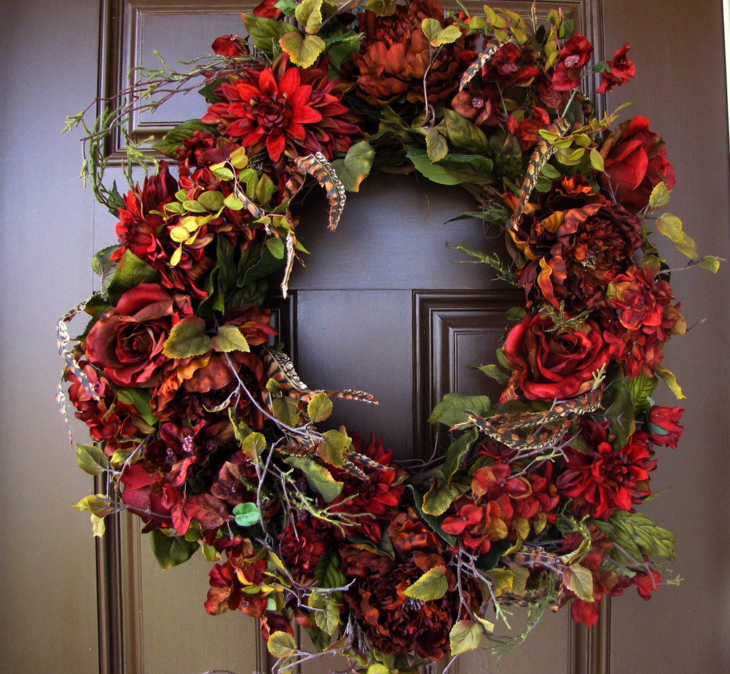 Extra Large Autumn Wreath with Burgundy Flowers by TheWrightWreath