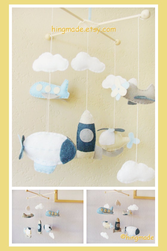 Boy Mobile - Baby Mobile - Decorative Nursery Mobile, Airplane, Blimp, Jumbo Jet, Rocket, Helicopter fly in the sky - Custom color available - hingmade