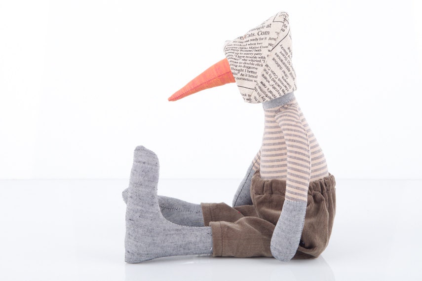 Eco gray  bird doll with orange beak wearing beige striped shirt , Newspaper cloth hat and brown corduroy - timohandmade Stuffed toy - TIMOHANDMADE