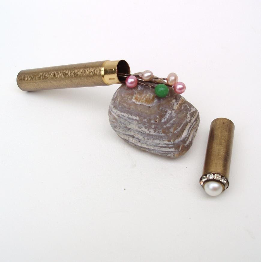 Gold Pin Holder Bobby Pin Case Rhinestone Pearl by WhimzyThyme