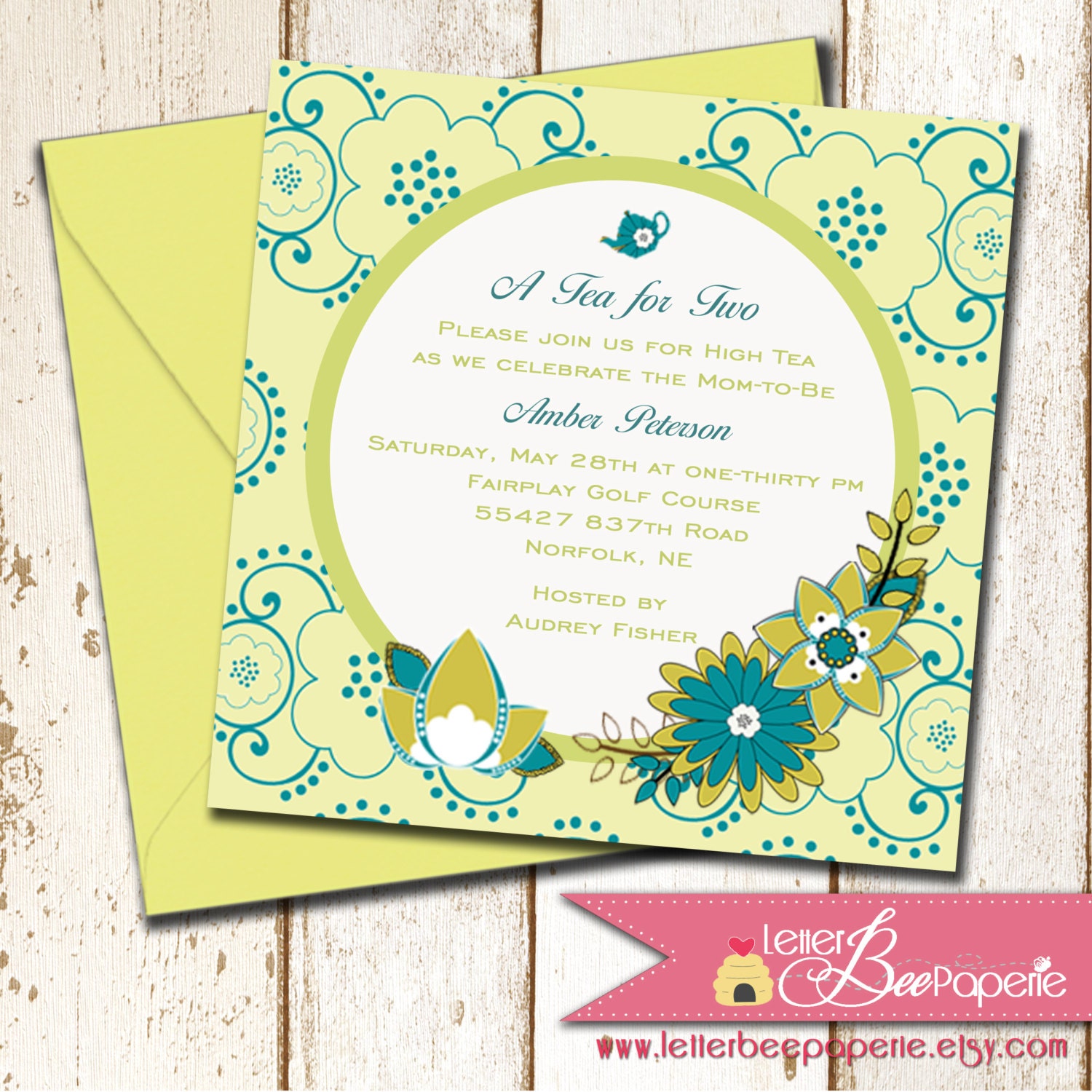 Tea for Two Custom Baby or Bridal Shower Invitation - Choose Your Colors - Wedding Shower - Rehearsal Dinner - Birthday Party - DIY Il_570xn