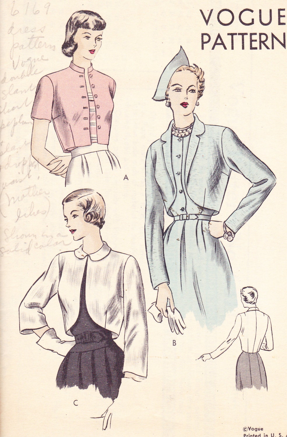 Womens Bolero Jacket Vintage 1940& 39;s Sewing Pattern Vogue 6311 Bust