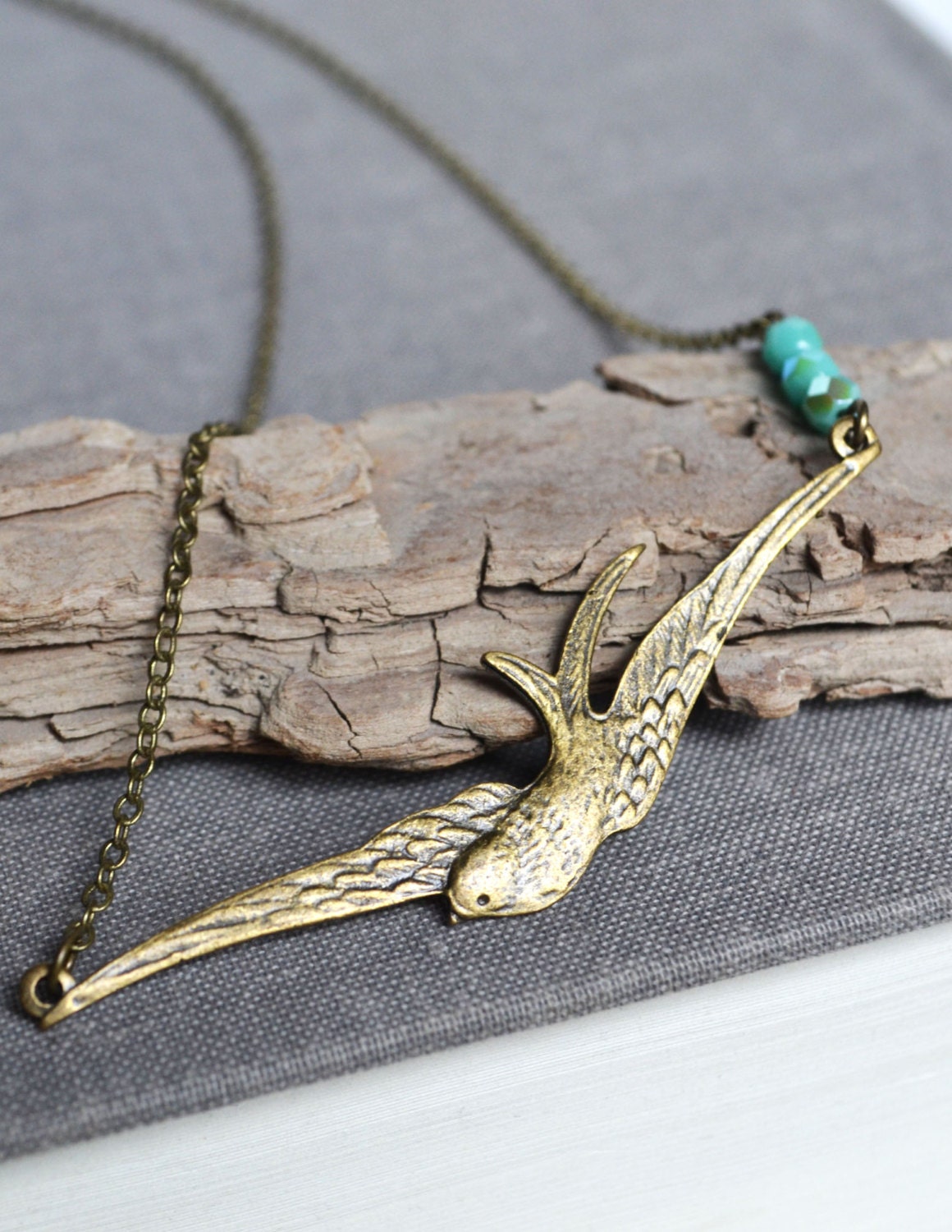 Tattoo Swallow Necklace, Mint Czech Beads, Free Flying Swallow Sparrow Bird Necklace, Bird Jewelry Canadian Shop
