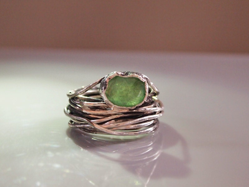 Emerald Gemstone Statement Ring, Modern Abstract Third Eye, Green Meditation Ring,  Sterling Silver,  Open from size 8 to size 9 - serpilguneysu