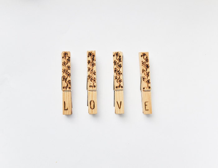 LOVE Clothespin Magnets - set of 4 Woodburned Romantic Magnets - Pyrography - PocketsOfArt