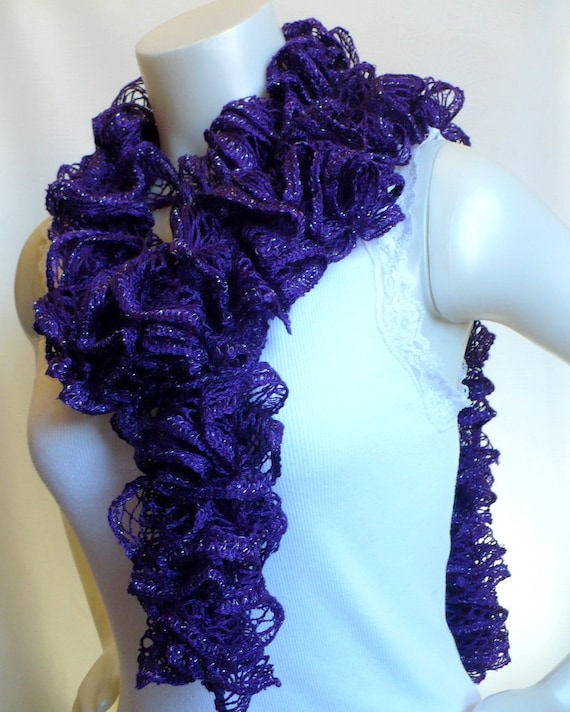 Purple Ruffle Scarf, womans fashion scarf, ruffled boa, knitted scarf