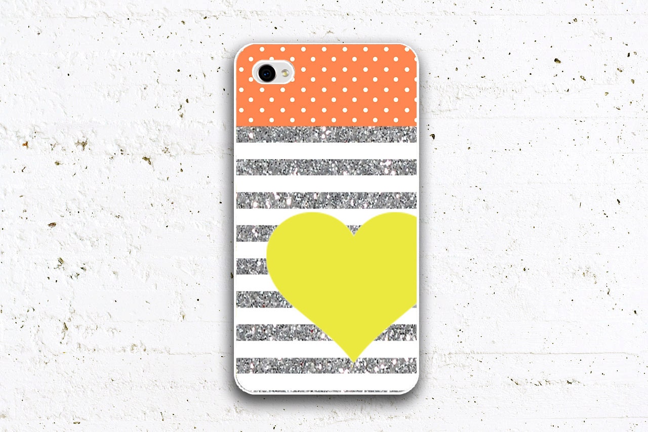 Heart iPhone 4 case, iphone 5 Case, Orange polka dot stripe iPhone 4 case, Heart iPhone 4s case, yellow heart iphone 4 cases, iphone 5 case - CircleDesignStore