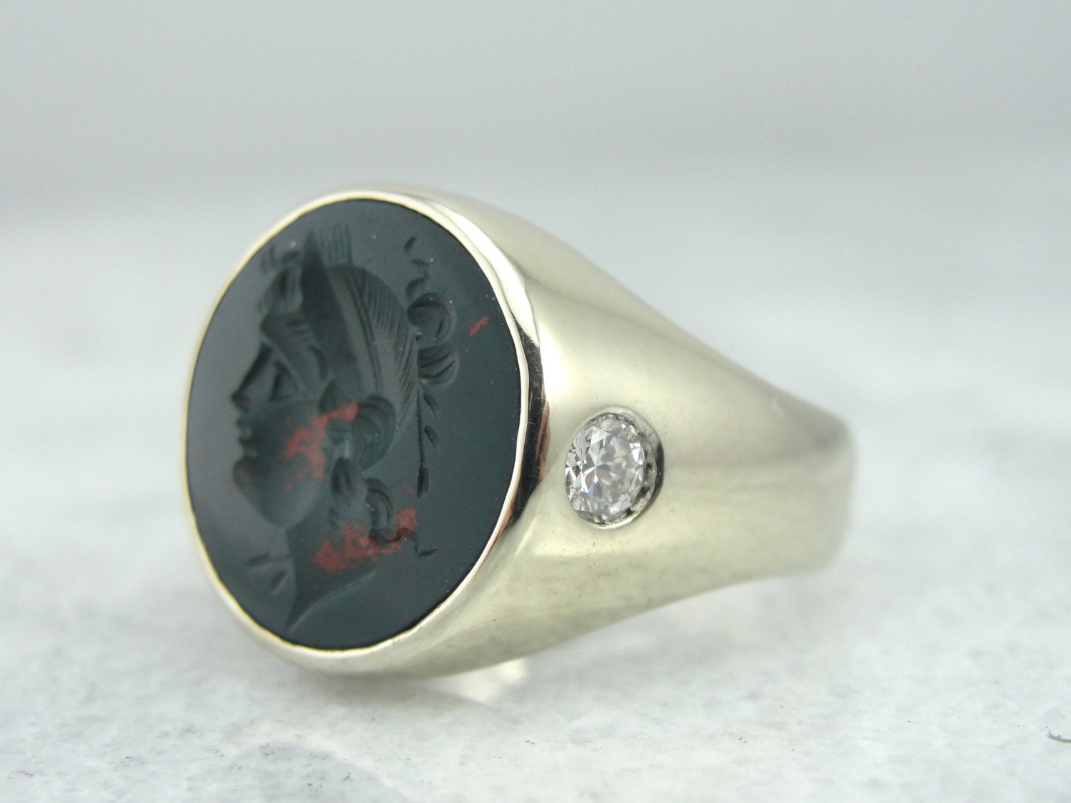 Mod Mens Bloodstone Intaglio Ring with Diamond Inlay by MSJewelers