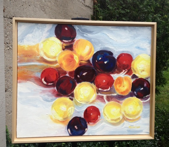 PLUMS, oil on canvas, 20" x 24" framed Artist: Rob Wilson (1938 - 2007) Vancouver, BC