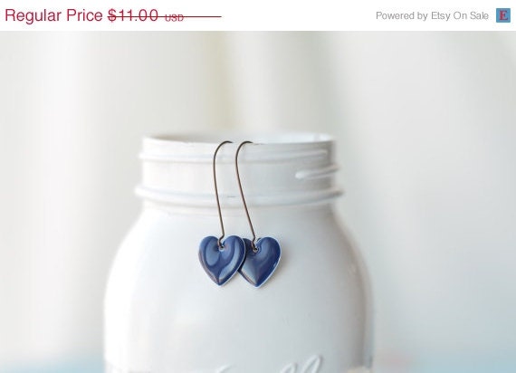 ON SALE Heart Earrings - Jewelry, Valentines Day Earrings, Navy Blue Heart, Long Dangle Earrings - EternalEdenJewelry