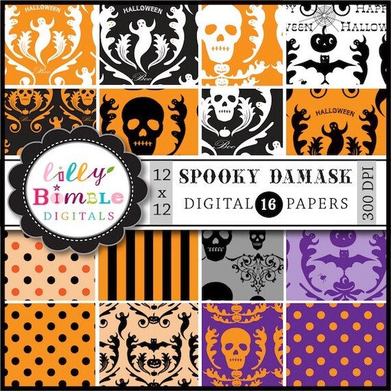 Spooky Damask INSTANT DOWNLOAD skulls, skeletons, Halloween digital papers Il_570xn