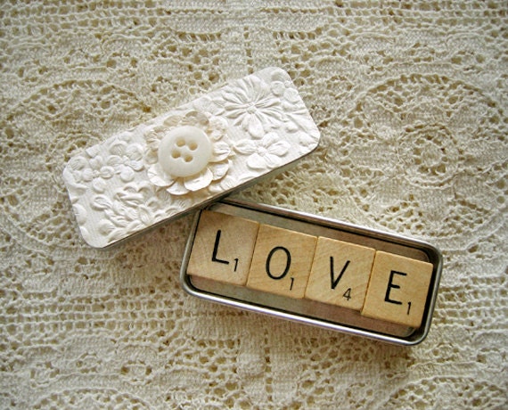 Wedding Favor Scrabble Magnets in Shabby Cream Ivory Decorated Slide Tin