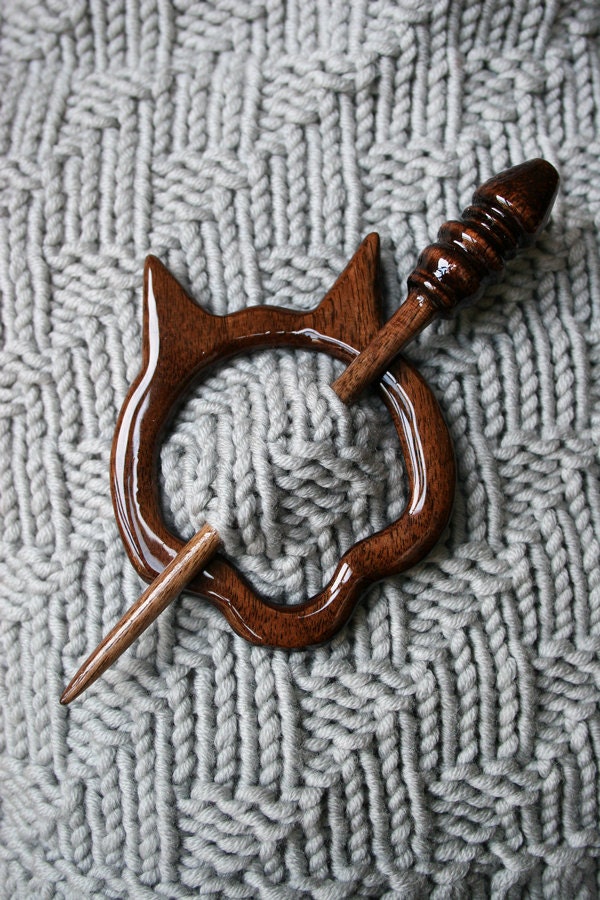 Wood Shawl Pin - Scarf Pin - Accessory for Knit and Crochet Scarves, Shawls, Wraps - Cat Shape - ElenaRosenberg