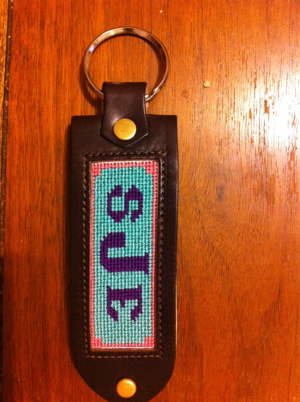 Custom Monogram Needlepoint Leather Keychain by krobbins on Etsy