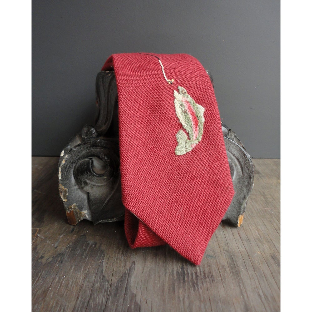 Fishing for Trout Tie - Vintage Tie - For Men - Red with Gold Details - Vintage Wool Tie - JustSmashingDarling