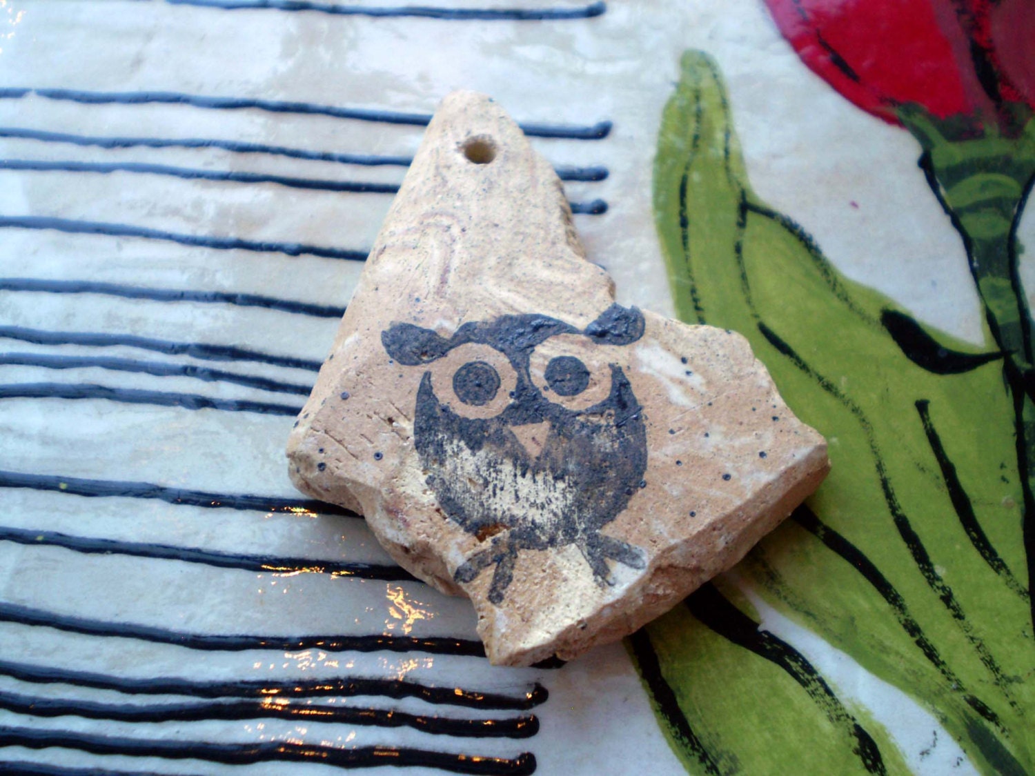 Owl Ceramic Focal Bead, Marbleized Bead, Handmade Jewelry Supply - spinningstarstudio