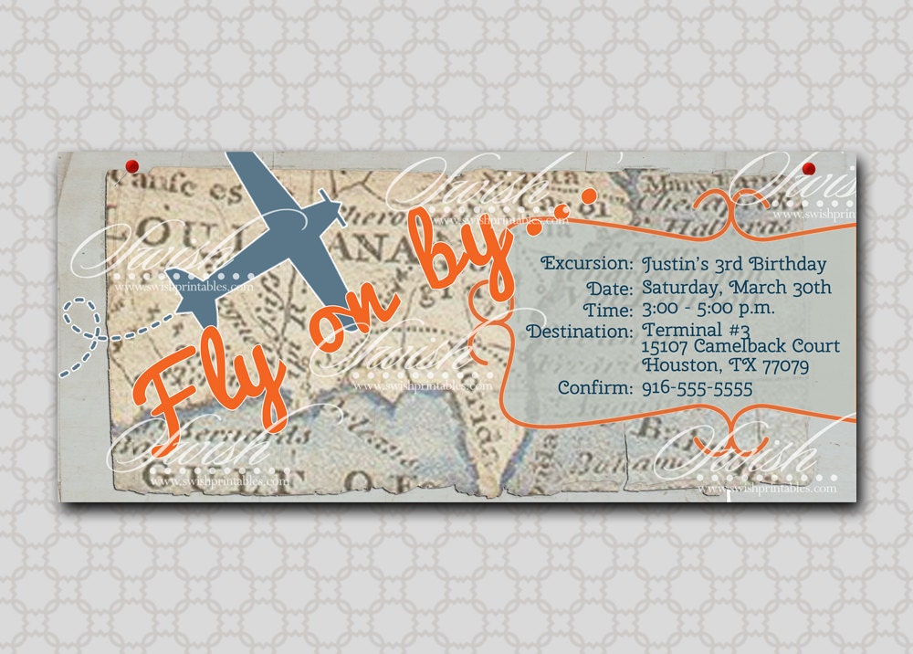Antique Map Airplane Birthday Invitation - Printable digital file Il_570xn
