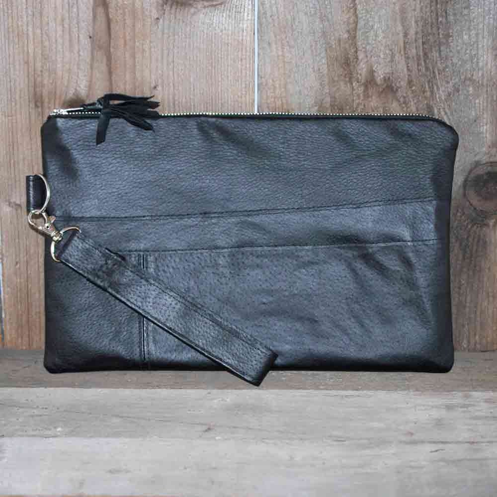 black leather wristlet clutch