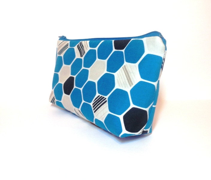 Cotton Zipper Pouch  Medium Pouch Cosmetic Bag Pencil Case - Blue, Grey and Black Hexagons - handjstarcreations