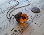 Glass Acorn Autumn Necklace - Topaz with Encased Copper Oak Leaf by Bullseyebeads - bullseyebeads