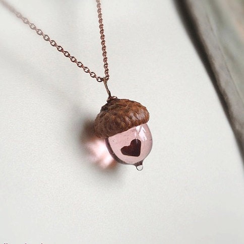 Glass Acorn Necklace - Mini Peter Pan Kiss with Heart by Bullseyebeads - bullseyebeads