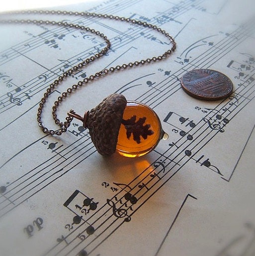 Glass Acorn Autumn Necklace - Topaz with Encased Copper Oak Leaf by Bullseyebeads