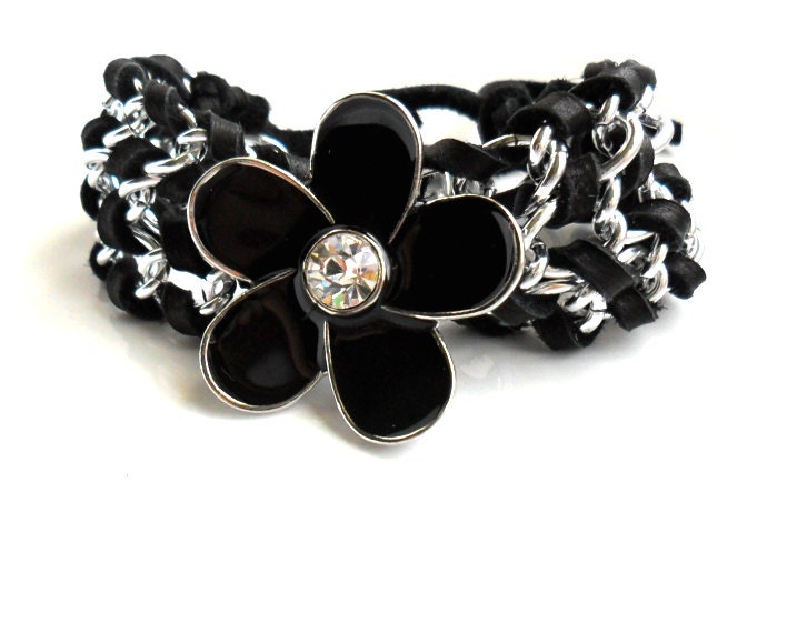 Chain Cuff / Black deerskin Leather /  Chain Bracelet  /  Enamel Flower / Unique gift for her - Daniblu