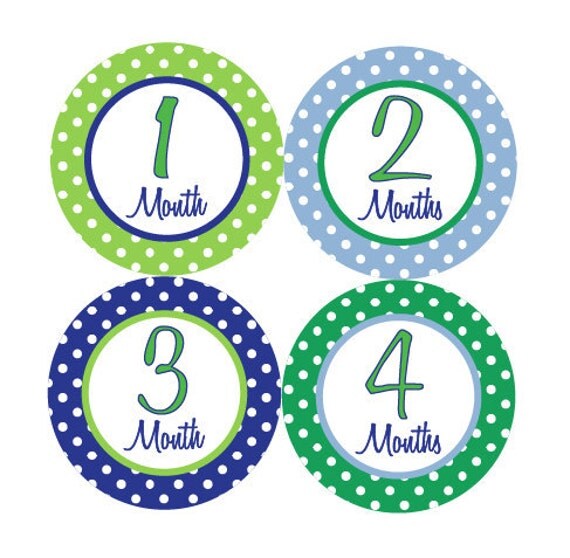 Baby Month Stickers Monthly Milestone Stickers Baby Boy Blue Green Polka Dot First Year Month Stickers Baby Shower Gift and Photo Prop - Ed Il_570xn