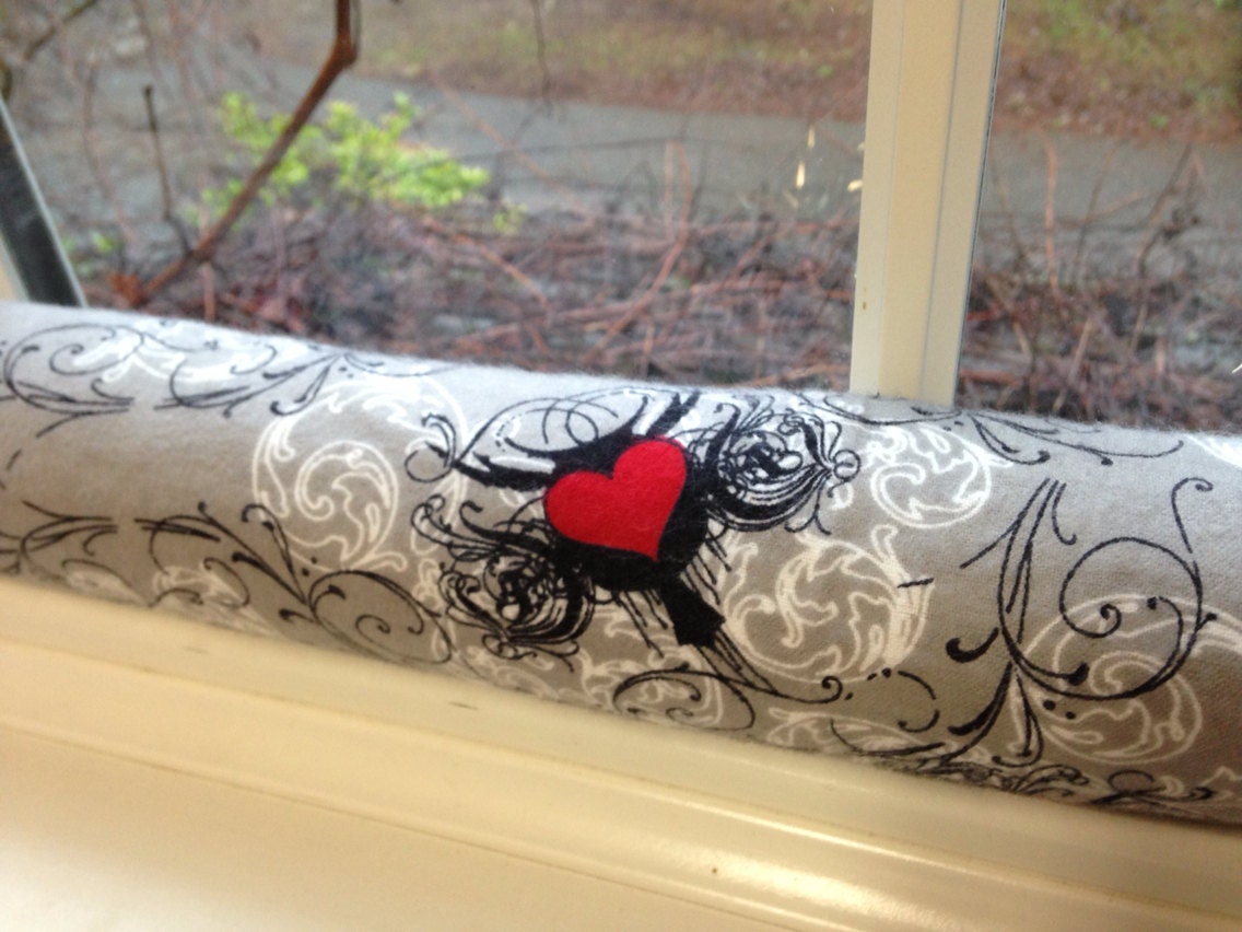 Door Draft Stopper Cedar Filled Insect Repellent Gray Hearts Swirls - GoneKnitting