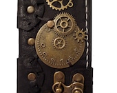 Handmade hand stitched victorian steampunk clock gears vintage black leather iPhone 5 mobile case book style - PapyrusCrafts