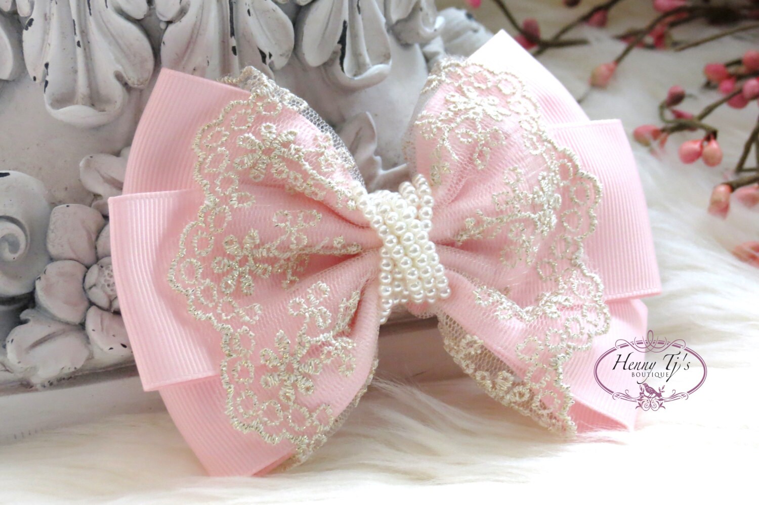 NEW: Ella Grace Collection - Beautiful Light Pink Ribbon and Lace Hair Bow Applique. Hair accessories. Peart Bow. Baby Bow.