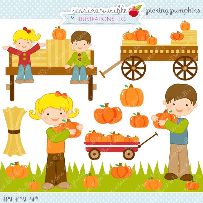 Picking Pumpkins Cute Digital Clipart - Commercial Use OK - Hayride Graphics, Pumpkin Clipart, Autumn Graphics, Pumpkin Patch Il_570xn