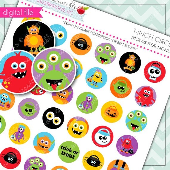 Trick or Treat Monsters Theme Printable 1 inch Circle Collage Sheet, 1-inch Bottle Cap Circles, Digital File Il_570xn