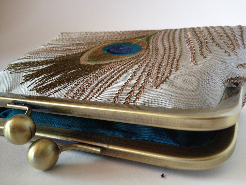 SAMPLE SALE Silk embroidered peacock feather clutch purse. Make up bag