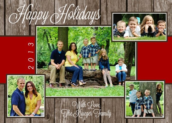 Holiday Photo Card - Wood Grain Happy Holidays Collage - Digital File Il_570xn