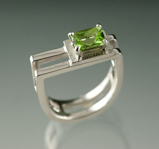 Emerald cut Peridot on 2 Stirup shaped double Sterling Silver ring - Prong set - JenLawlerDesigns